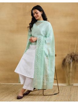 Fabindia - Women Green Cotton Silk Embroidered Dupatta