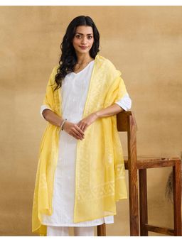 Fabindia - Women Yellow Cotton Silk Embroidered Dupatta