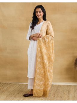 Fabindia - Women Yellow Cotton Silk Embroidered Dupatta