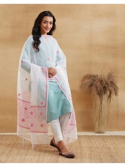 Fabindia - Women Off White Cotton Silk Embroidered Dupatta