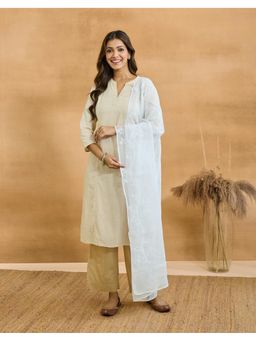 Fabindia - Women Off White Cotton Silk Embroidered Dupatta