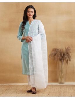 Fabindia - Women White Cotton Silk Embroidered Dupatta