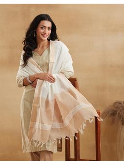 Fabindia - Women Beige Cotton Blend Colorblock Dupatta
