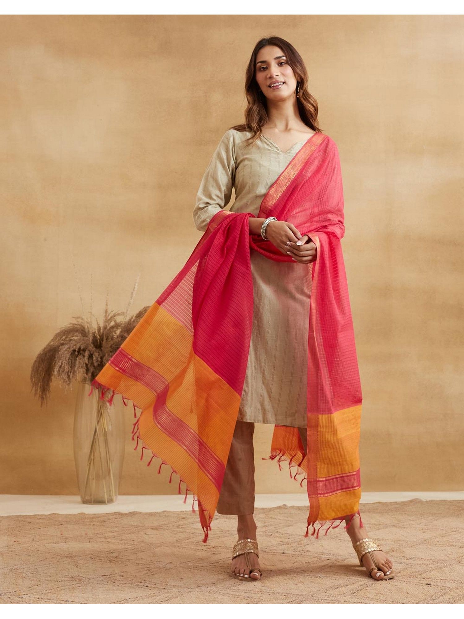 fabindia Women Multi-Color Cotton Blend Colorblock Dupatta-picture-12