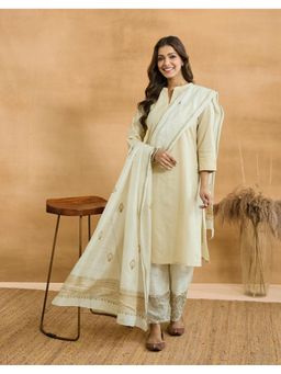 Fabindia - Women Off White Cotton Silk Embroidered Dupatta
