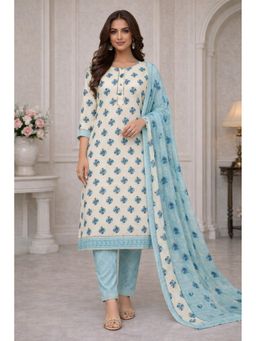 HANDME - Off White Printed Cotton Unstitched Kurta with Pant and Dupatta