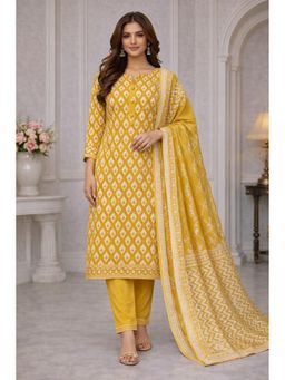 HANDME - Mustard Ikat Printed Cotton Zigzag Unstitched Kurta with Pant and Dupatta