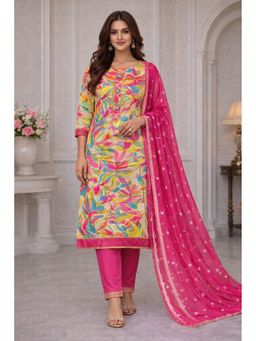 HANDME - Multicolor Abstract Printed Cotton Pink Unstitched Kurta with Pant and Dupatta
