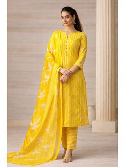 HANDME - Yellow Striped Printed Cotton Unstitched Kurta with Pant and Dupatta
