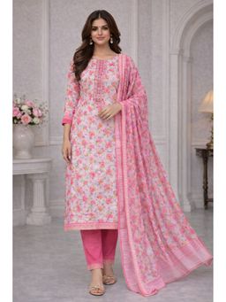 HANDME - Pink Floral Print Cotton Striped Unstitched Kurta with Pant and Dupatta