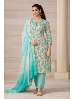 HANDME - Mint Green Floral Kalamkari Print Unstitched Kurta with Pant and Dupatta