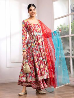 Aadveka - Floral Red Kantha Jaipuri Cotton Anarkali Kurta With Palazzo & Dupatta