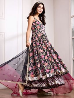 Aadveka - Floral Black Kantha Jaipuri Cotton Anarkali Kurta With Palazzo & Dupatta