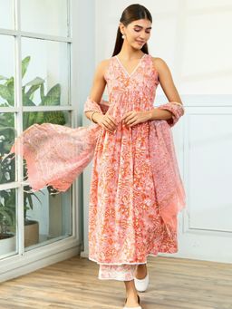 Aadveka - Floral Peach V Neck Jaipuri Cotton Kurta with Palazzo and Dupatta