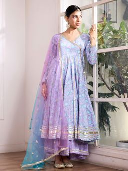 Aadveka - Floral Lavender Angrakha Jaipuri Cotton Anarkali Kurta with Palazzo & Dupatta