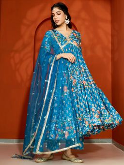 Aadveka - Floral Blue Tiered Jaipuri Cotton Kurta with Palazzo and Dupatta