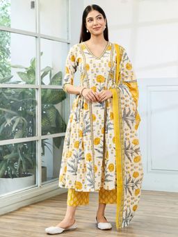 Aadveka - Floral Cream and Yellow Jaipuri Cotton Kurta with Palazzo and Dupatta