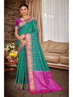 Fashion Petals - Women Teal Silk Blend Woven Saree with Unstitched Blouse