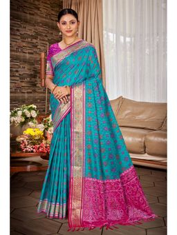 Fashion Petals - Women Turquoise Silk Blend Woven Saree with Unstitched Blouse