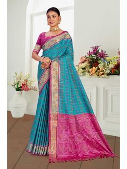 Fashion Petals - Women Turquoise Silk Blend Woven Saree with Unstitched Blouse