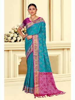 Fashion Petals - Women Turquoise Silk Blend Woven Saree with Unstitched Blouse