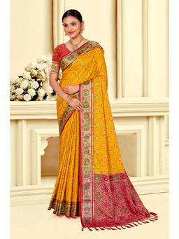 Fashion Petals - Women Yellow Silk Blend Woven Saree with Unstitched Blouse