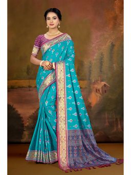 Fashion Petals - Women Blue Silk Blend Woven Saree with Unstitched Blouse