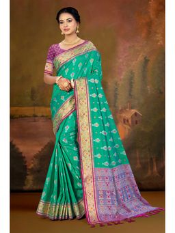 Fashion Petals - Women Green Silk Blend Woven Saree with Unstitched Blouse