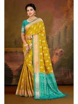 Fashion Petals - Women Yellow Silk Blend Woven Saree with Unstitched Blouse