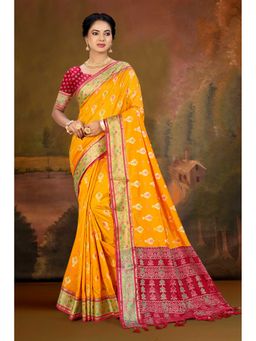 Fashion Petals - Women Yellow Silk Blend Woven Saree with Unstitched Blouse