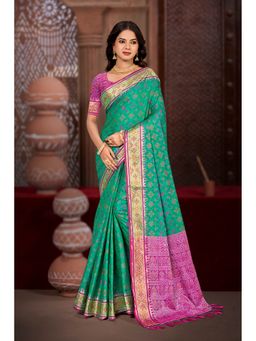 Fashion Petals - Women Green Silk Blend Woven Saree with Unstitched Blouse