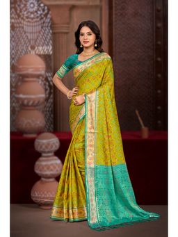 Fashion Petals - Women Olive Silk Blend Woven Saree with Unstitched Blouse