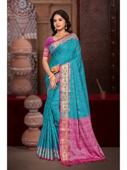 Fashion Petals - Women Turquoise Silk Blend Woven Saree with Unstitched Blouse
