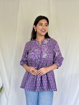 ESTELA - Women’S Purple Floral Printed Cotton Peplum Kurti