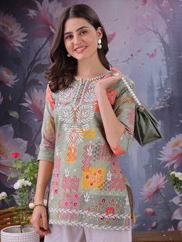ESTELA - Women Green Floral Printed Embroidered Work Short Kurti