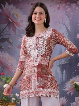 ESTELA - Women Maroon Floral Printed Embroidered Work Pure Cotton Short Kurti