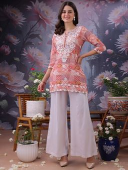 ESTELA - Women Orange Floral Printed Embroidered Work Pure Cotton Short Kurti