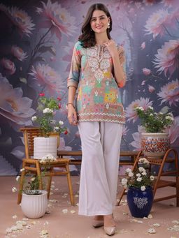 ESTELA - Women Peach Floral Printed Embroidered Work Pure Cotton Short Kurti