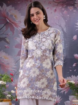 ESTELA - Women Light Purple Floral Printed Embroidered Work Pure Cotton Short Kurti