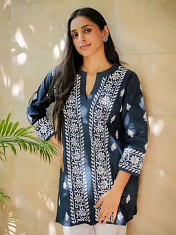 ESTELA - Women Navy Blue Floral Embroidered Rayon Kurti