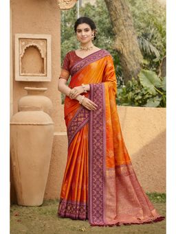 SURILI - Bright Orange Soft Silk Woven Work Traditional Saree with Unstitched Blouse