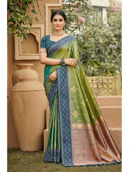 SURILI - Women Leaf Green Soft Silk Woven Work Traditional Saree with Unstitched Blouse
