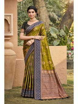 SURILI - Olive Green Soft Silk Woven Work Traditional Saree with Unstitched Blouse