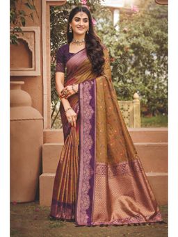 SURILI - Antique Olive Soft Silk Woven Work Traditional Saree with Unstitched Blouse