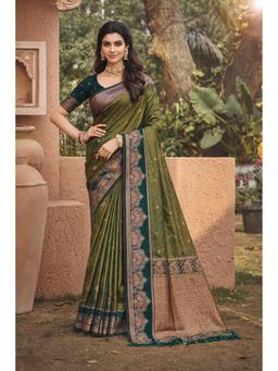 SURILI - Bottle Green Soft Silk Woven Work Traditional Saree with Unstitched Blouse