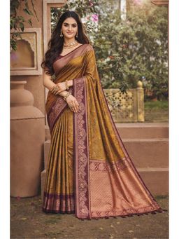 SURILI - Antique Mustard Soft Silk Woven Work Traditional Saree with Unstitched Blouse