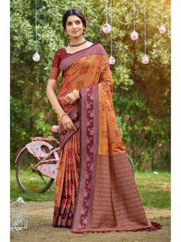 SURILI - Mustard Orange Soft Silk Woven Work Traditional Saree with Unstitched Blouse