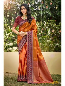 SURILI - Rust Orange Soft Silk Woven Work Traditional Saree with Unstitched Blouse
