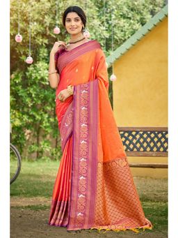 SURILI - Coral Orange Soft Silk Woven Work Traditional Saree with Unstitched Blouse