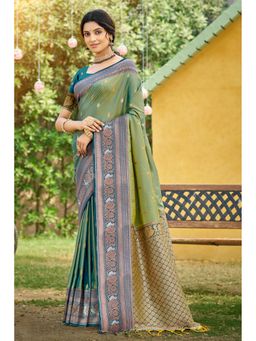 SURILI - Sage Green Soft Silk Woven Work Traditional Saree with Unstitched Blouse